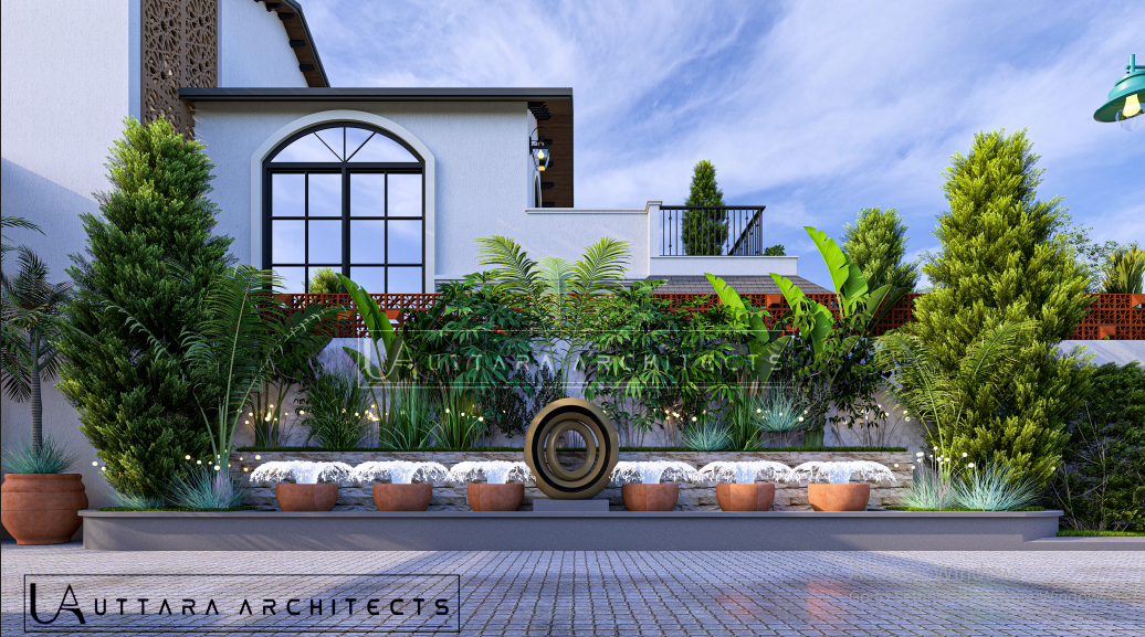 Landscape feature with villa facade and manicured greens