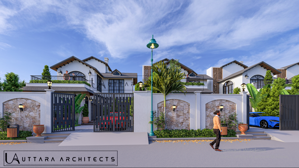Villa frontage with gated driveways and palm landscaping