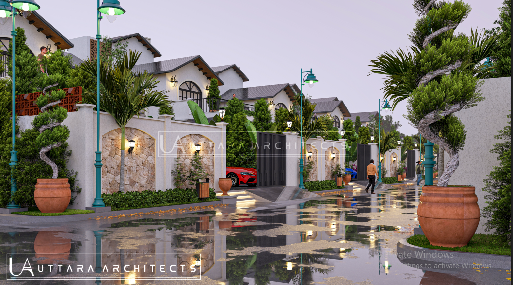 Rain-washed villa street with reflective road and warm lights